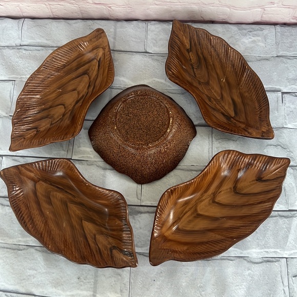 Vintage CAL. STYLE POTTERY CERAMIC DIP Bowl leaf 5 piece set - Picture 6 of 9